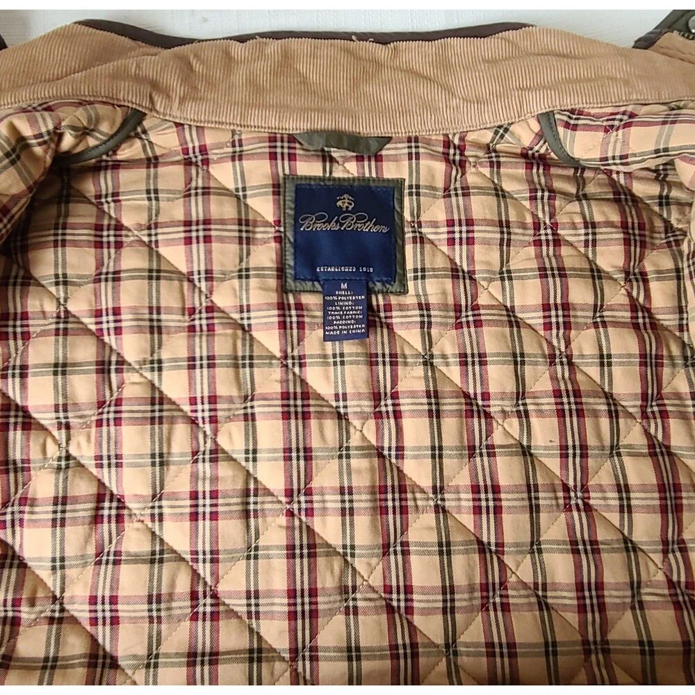 Brooks Brothers Quilted Vest Men's Medium Olive Green Snap Zip Plaid Lined